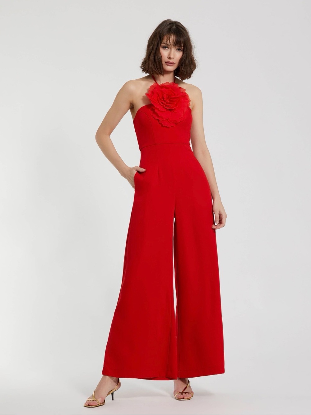 Mac Duggal Red Halter Wide-Leg Jumpsuit with Floral Neck Applique